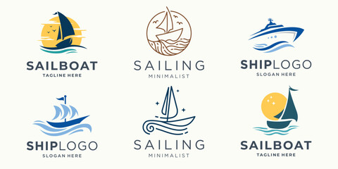 Sea sailing boat in the blue ocean logos. Marine ship with sail in sea waves icon collection.