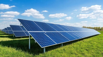 Solar Panels in Green Field Under Blue Sky with Fluffy Clouds