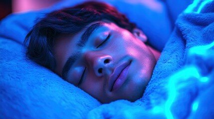 Teenager sleeping peacefully in bed under colorful light