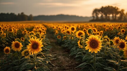 Fototapeta premium Vibrant sunflower field at sunset with a peaceful landscape in the background.
