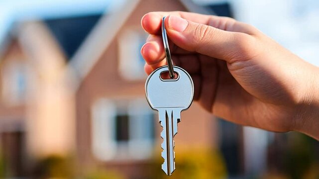 Hand holds a house key with a new home in the background, symbolizing ownership and future