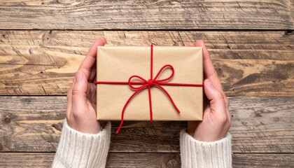 Hands cradle a warmly-wrapped gift tied with red twine against a rustic wooden surface, evoking a cozy holiday or celebratory mood.