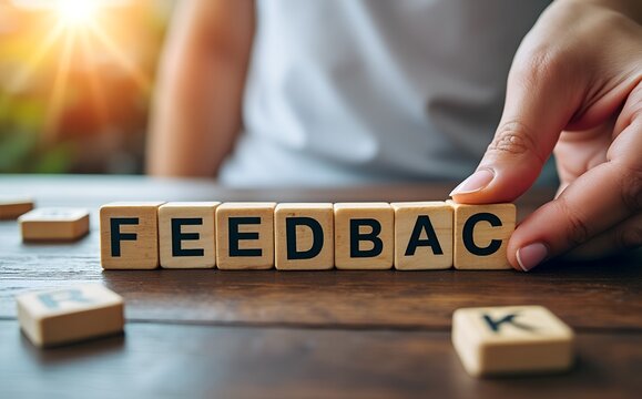 Constructive Feedback: A close-up shot shows a person arranging wooden letter blocks to spell "FEEDBACK," symbolizing the importance of constructive input.