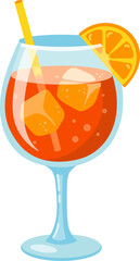Vector illustration of refreshing summer cocktail with orange slice and ice cubes in elegant glass