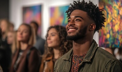 group of diverse people at art exhibition in gallery