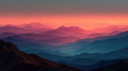 Obraz premium Vibrant mountain landscape at sunset with layered peaks and colorful sky.