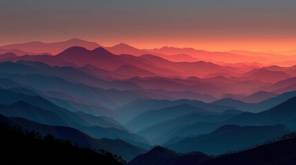 Obraz premium Serene mountain landscape with layered peaks at sunset, showcasing vibrant colors and tranquil ambiance.