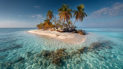 Fototapeta premium A deserted tropical island with clear blue water, soft sand, and palm trees, offering a serene and tranquil vacation in paradise