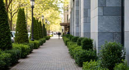 Stone Pathway Lined with Topiaries and Lamp Posts Near a Contemporary Building in Daylight