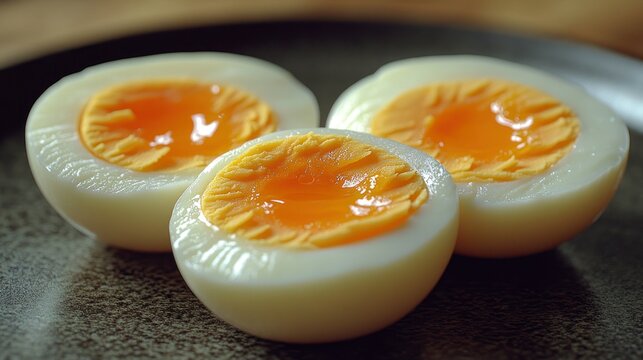Three hard-boiled eggs, halved, showcasing bright yolks