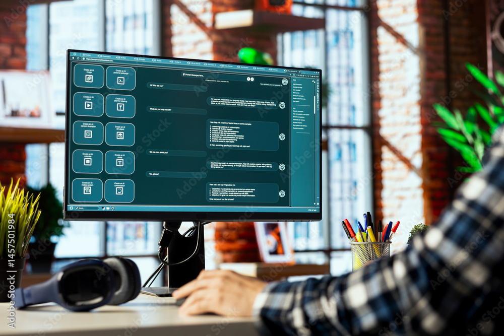 Poster man seated at desk using ai llm chatbot software in apartment office to solve tasks. it specialist w