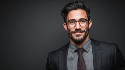 Professional portrait of a successful lawyer, wearing a classic black suit, exuding confidence while standing against a grey background
