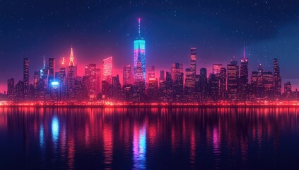 Fototapeta premium Neon Cityscape Night View of Manhattan Skyline