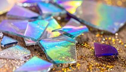 Iridescent glass shards sparkle among golden glitter on a textured surface, creating a whimsical and enchanting holiday crafting scene.