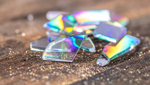 Iridescent glass shards sparkle against a warm, textured gold surface, creating a festive and glittering holiday atmosphere.