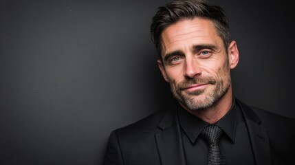 Obraz premium Portrait of a successful, confident lawyer in a black suit, standing against a simple grey background, reflecting professionalism and power