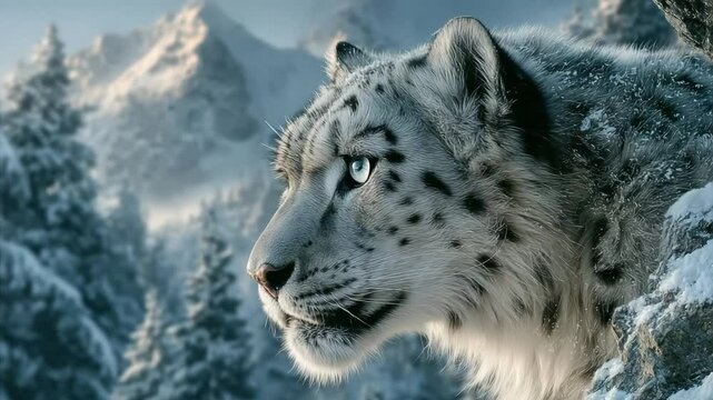 Snow leopard in snowy mountain landscape.  Close-up profile view of a majestic snow leopard, its striking white fur contrasted against a backdrop of frosted peaks and snowy forest