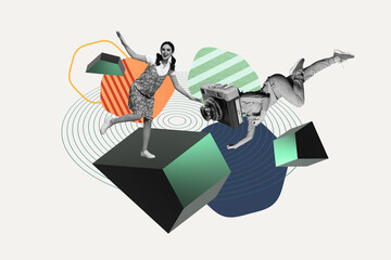 3d sketch poster trend collage of happy girl model pose retro instant camera shooting paparazzi photo-zone cadre photographing