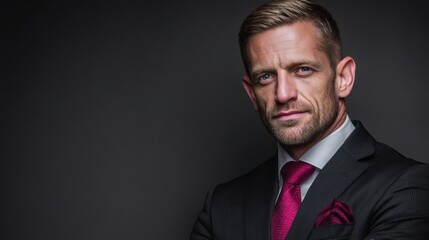 A professional portrait of a corporate lawyer in a black suit, confidently standing in front of a grey background, exuding leadership and authority