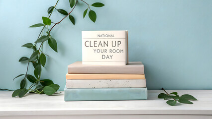 National Clean Up Your Room Day Graphic with Book Stack and Greenery