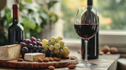 Obraz premium Chic wine tasting experience with cheese and grapes on wooden board