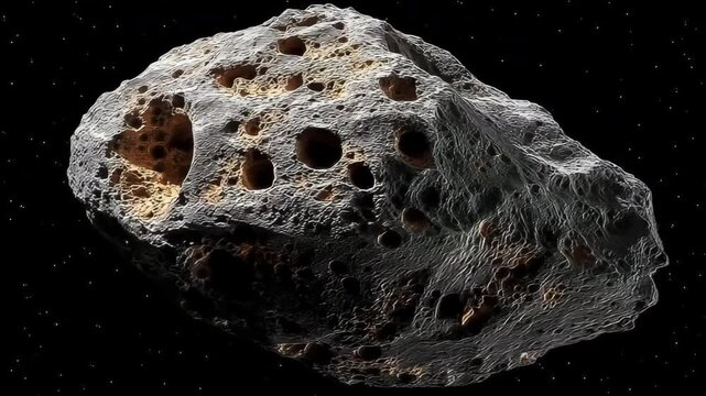 Floating asteroid filled with gold and valuable minerals rotating slowly in space with highly detailed porous surface and glinting shadows. 