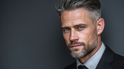 Fototapeta premium Confident corporate lawyer in a classic black suit, standing in front of a neutral grey background, reflecting success and corporate stature