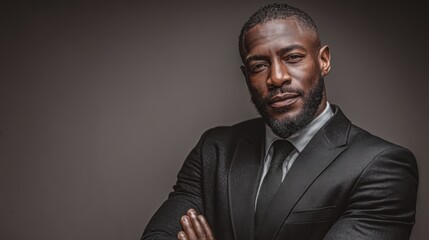 Obraz premium Confident corporate lawyer in a classic black suit, standing in front of a neutral grey background, reflecting success and corporate stature