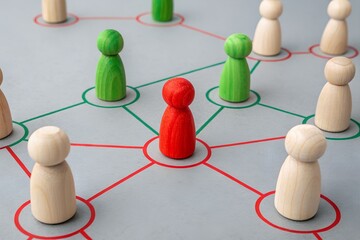 Obraz premium Interconnected Relationships: Depicting a web of connections with wooden figures, this image symbolizes networks, teamwork, and the intricate nature of relationships and collaboration. 