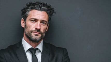 Obraz premium A powerful corporate lawyer in a classic black suit, standing confidently in front of a grey background, exuding leadership and authority