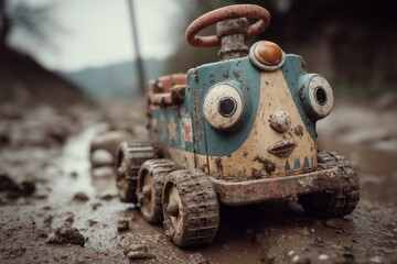 Grungy toy vehicle with cartoon-like face sitting in thick mud during overcast weather, shows wear and tear