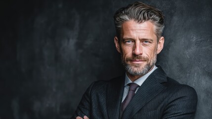 Successful and confident lawyer in a black suit, standing in front of a grey backdrop with a subtle expression of authority and leadership