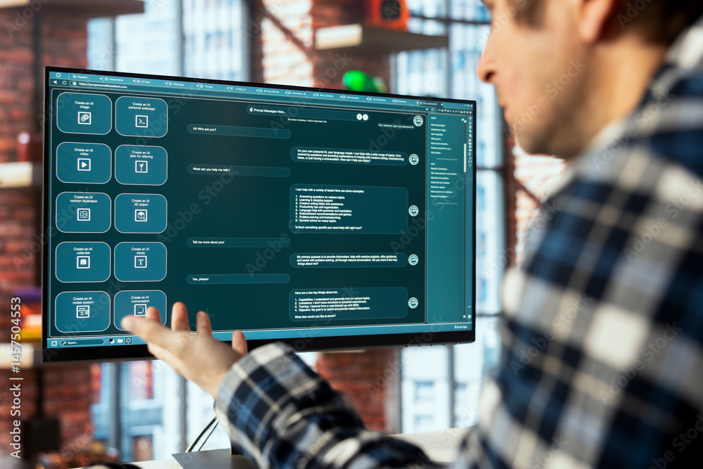 Fototapete worker in home office using ai llm chatbot designed to understand human language. close up of employ