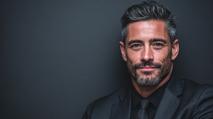 Fototapeta premium Confident corporate lawyer in a black suit, standing with poise in front of a grey background, showcasing professionalism and success