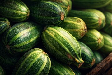 Pile of striped zucchinis showcasing fresh produce, healthy eating, local sourcing and green-yellow vegetal hues.