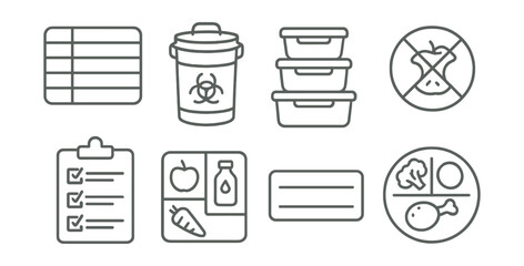 Line style icons of kitchen waste reduction: meal planner board, compost bin, reusable containers, no food waste sign, grocery list icon, proper storage guide, leftovers label, portion control plate.