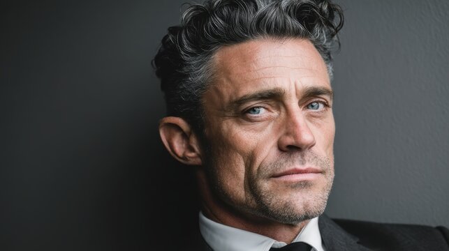 Corporate lawyer in a black suit, standing confidently in front of a grey background, radiating professionalism and success