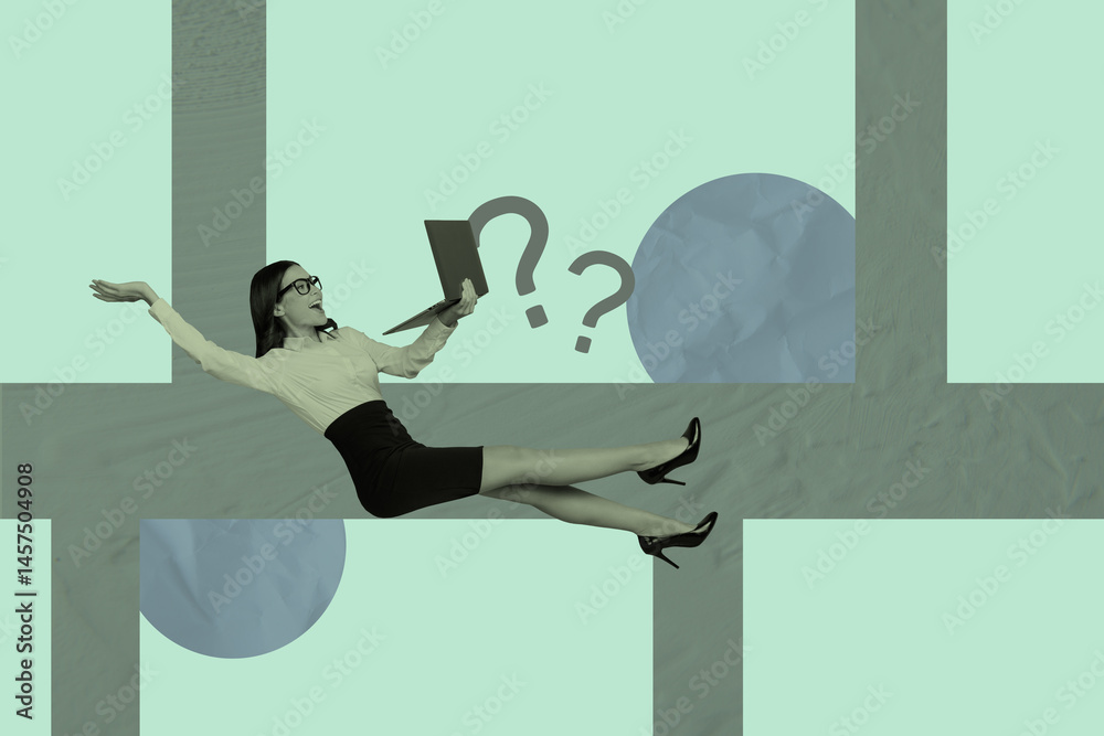 Aufkleber 3d sketch poster trend collage image of happy girl hold laptop inside maze trap riddle question mark