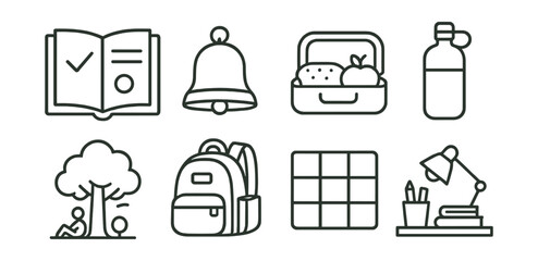 Line style icons of healthy school routine: planner book, class bell, lunchbox, water flask, outdoor break icon, backpack with books, daily subject grid, organized desk.