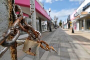 Naklejka premium Rusty Lock and Chain Secure a Closed Business Street on a Cloudy Day, Indicating Economic Decline and Empty Shops