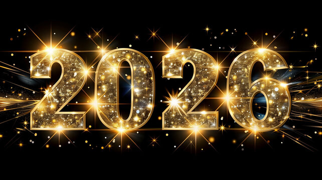 Shiny 2026 digits glowing with sparkles and glitter on black. Bright festive design for New Year’s Eve, celebration, or holiday event concept.