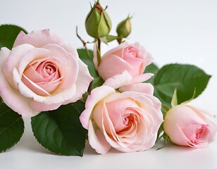 Naklejka premium Closeup of Delicate Pink Roses with Green Leaves