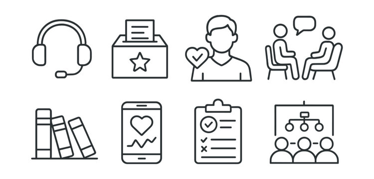 Line style icons of employee support programs: wellness hotline, anonymous feedback box, mental health coach icon, in-house counselor, resource library, wellbeing tracker app, crisis response plan,