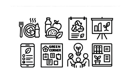Line style icons of workplace sustainability education: lunch & learn icon, eco tip of the week flyer, poster campaign, training session screen, staff eco quiz, green corner board, team brainstorm