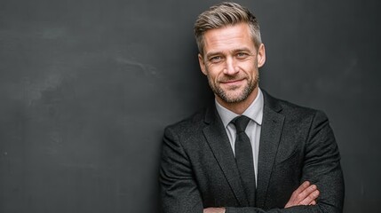 Successful lawyer in a classic black suit, standing confidently in front of a grey background, radiating professionalism and corporate success