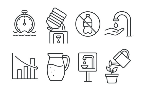 Line style icons of water-saving behaviors: short wash timer, refill cooler jug, no single-use bottle sign, tap with sensor, water use chart, reusable pitcher, hydration station sign, plant water