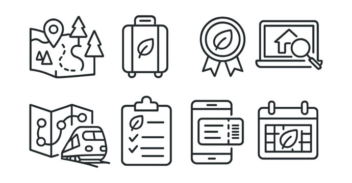 Line style icons of eco travel planning: low-impact itinerary, travel light icon, carbon offset badge, eco lodging search, train route map, reusable packing list, digital ticket app, slow travel