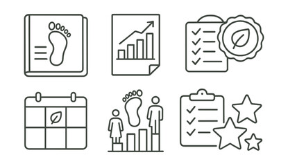 Line style icons of sustainable shopping: secondhand item bag, local vendor booth, refill store jar, low-packaging goods, reusable tote, eco label, conscious buyer card, slow purchase plan.