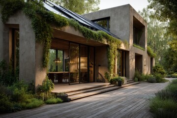 Exterior view of unique residence with wooden deck, garden and glass walls offering natural lighting for modern living