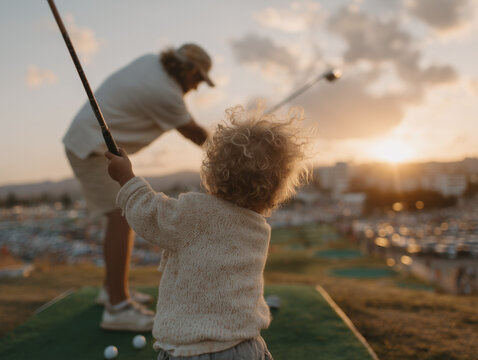 Father and child enjoying golf at sunset  